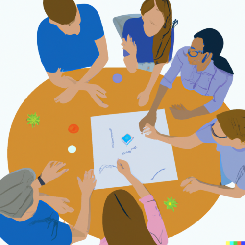Project management featured image, depicting a group of people discussing a project.