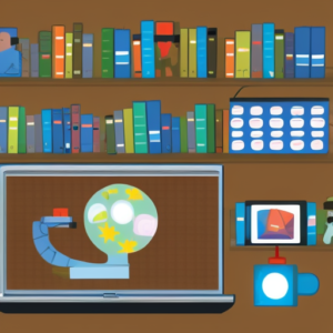 Featured image depicting a bookshelf and a laptop with a globe on the screen.